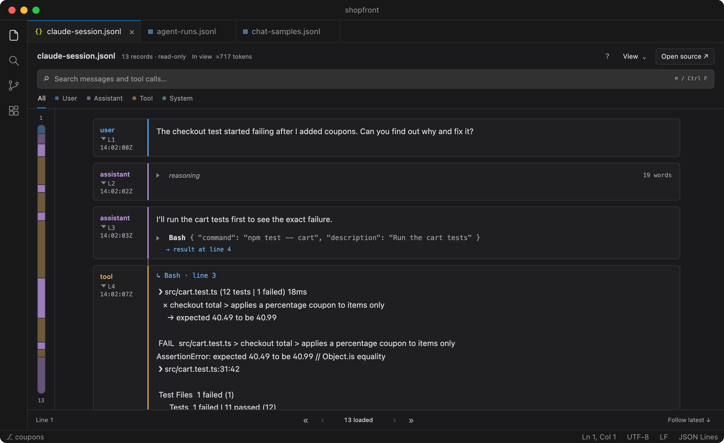 A Claude Code session in Unroll: the request, the assistant's reasoning, a Bash call linked to its result and the failing test output
