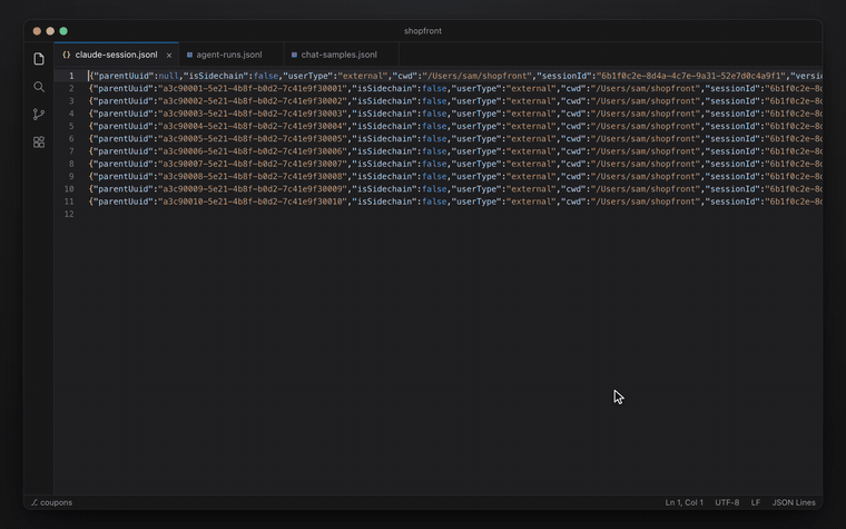Opening a Claude Code session in Unroll, following a tool call to its result, checking the original record and source line, searching, and selecting the failed runs in a dataset